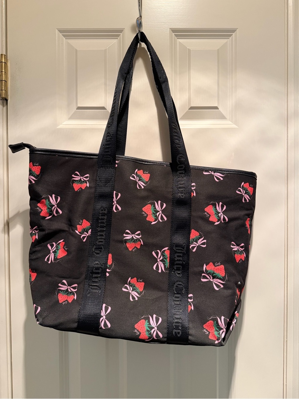 Juicy Couture Black Tote with Red Strawberry & Pink Bow Print